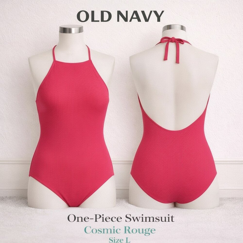 NWT Old Navy Ribbed Halter Modest One-Piece Swimsuit Cosmic Rouge L